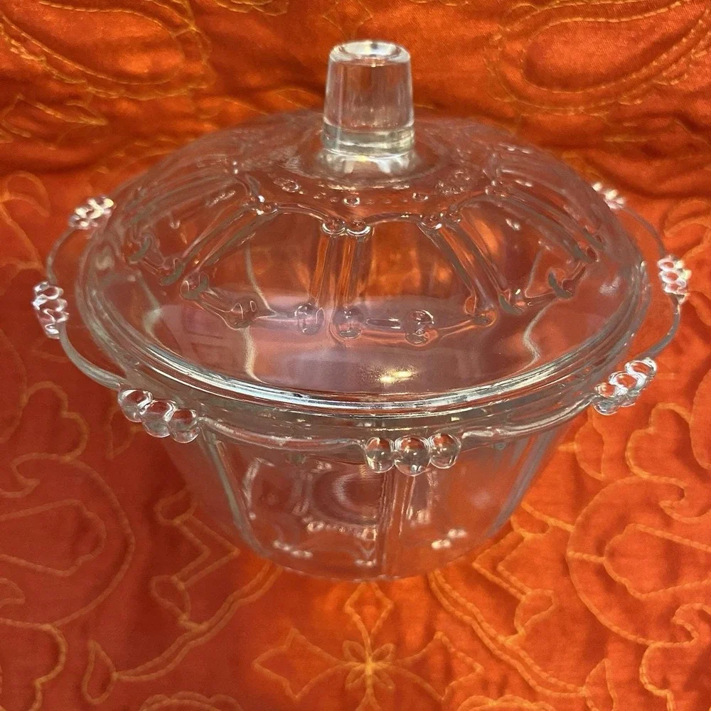 Vintage KIG Indonesia Candy‎ Dish Beaded Clear Pattern Glass 3x5 Round Fancy Lid